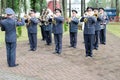 Men military military band with trumpets and wind instruments celebrate honor on the day of victory Moscow, Russia, 05.09.2018