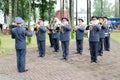 Men military military band with trumpets and wind instruments celebrate honor on the day of victory Moscow, Russia, 05.09.2018