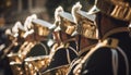 Men in military uniforms parade with brass instruments and helmets generated by AI