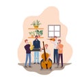 Men with musical instruments and houseplants of background