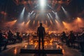 Men Opera singer standing in front of a crowd musicians Backside view