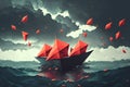 Men on origami red paper boats floating in the cloudy, poetic scenery background Royalty Free Stock Photo