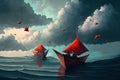 Men on origami red paper boats floating in the cloudy, poetic scenery background Royalty Free Stock Photo