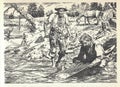 Men pan for gold in the river. Gold Diggers and the Gold Rush. Old black and white illustration. Vintage drawing