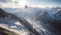 Men paragliding high up in mountain range, feeling exhilaration and freedom generated by AI