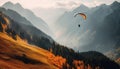Men paragliding high up in mountain range generated by AI