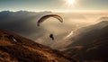 Men paragliding high up in the mountain range at sunset generated by AI