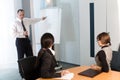 Men with pen with girl and women at table Royalty Free Stock Photo