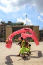 Men performs the Dragon dancing to practise prepare for lunar New Year at a Pagoda Royalty Free Stock Photo