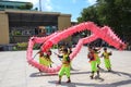Men performs the Dragon dancing to practise prepare for lunar New Year at a Pagoda Royalty Free Stock Photo