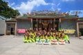 Men performs the Dragon dancing to practise prepare for lunar New Year at a Pagoda Royalty Free Stock Photo