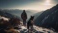 Men and pets hiking mountain peak in winter landscape adventure generated by AI Royalty Free Stock Photo