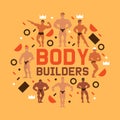 Men physics banner vector illustration. Muscle bodybuilder men flexing his muscles. Fitness models, posing, bodybuilding