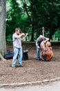 Men playing cello and violin in Central Park in New York Royalty Free Stock Photo