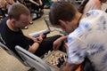 Men plays chess in a waiting hall Royalty Free Stock Photo