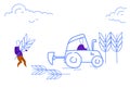 Men plowing field successful farming harvest teamwork concept sketch doodle horizontal