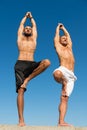 Men practice yoga outdoors. Muscular men training on fresh air. Reach balance by virtue of yoga. Sport and health care