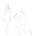 Men proposing girl with rose and ring, Couple character outline illustration on white background, vector illustration for Royalty Free Stock Photo