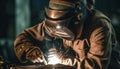 Men in protective workwear welding steel in a metal factory generated by AI Royalty Free Stock Photo