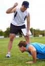 Men, push up and personal trainer on grass for fitness with clipboard for stats, progress or development. Person, coach Royalty Free Stock Photo