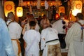 Men religious ceremony temple white clothing, Osaka, Japan