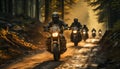 Men riding motorcycles in the outdoors, racing with extreme speed generated by AI Royalty Free Stock Photo