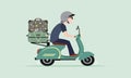 Men riding old classic scooter with luggage or suitcase. Motorcycle touring concept. Vector illustration Royalty Free Stock Photo