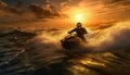 Men riding waves, splashing water, extreme sports excitement at sunset generated by AI