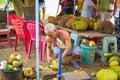 A men at a roadside kiosk prepares a coconut with a machete for sale to tourists to drink juice