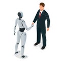 Men and robot greet or confirm a deal, handshake. Flat 3d isometric vector illustration. For infographics and design Royalty Free Stock Photo