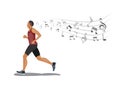 Men runing with listening to music via wireless earphones on white background.