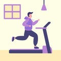 Men on running treadmill in gym at home in self quarantine, protection from virus. Home fitness or GYM during coronavirus