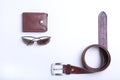 Men`s accessories for business and rekreation. A professional studio photograph of men`s business accessories. Top view