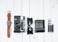 Men`s accessories. Camera, watch, sunglasses