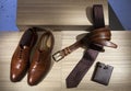 Men`s accessories collection. Classic brown shoes