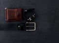 Men`s accessories with watch, leather wallet