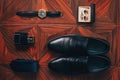 Men`s accessories: watch, tie, belt, cufflinks, perfume shoes top view Royalty Free Stock Photo