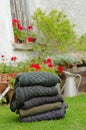 Men's Aran knit traditional jumpers outdoors