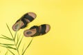 Men`s beach sandals under palm leaves on a yellow background Royalty Free Stock Photo