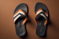 Men's black sandals on a brown background. generative ai