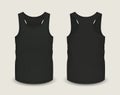 Men`s black tank top without sleeves in front and back views. Vector illustration.