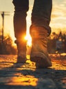 Men's boots walking on the road at sunset Royalty Free Stock Photo