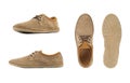 Men`s brown moccasins, loafers isolated white background. Side view, top view and sole