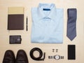 Men's classic outfit with blue shirt, tie and accessories Royalty Free Stock Photo