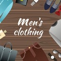 Men s Clothing and Accessories on wooden background