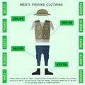 Men's clothing for fishing, hat, jacket, pants, shoes flat style