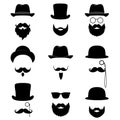 Men`s collection. Mustache, glasses, beard, pipe and top hat.