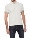 MenÃ¢â¬â¢s cotton shirt paired with black denim and white background, Stylish white zipper with net on front paired with dark blue