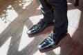 Men`s fashion leather vintage shoes..Classic male black leather shoes, top view..A pair of black leather men`s shoes..Standing : Royalty Free Stock Photo