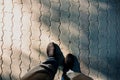 Men`s feet with jogging pants Royalty Free Stock Photo